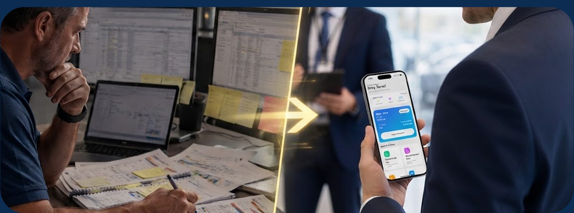 Dealership operations before The Bell System — scattered notes and spreadsheets — versus after, one mobile workspace