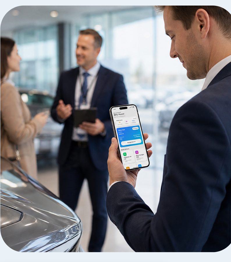 A dealership manager reviewing The Bell System app on the showroom floor