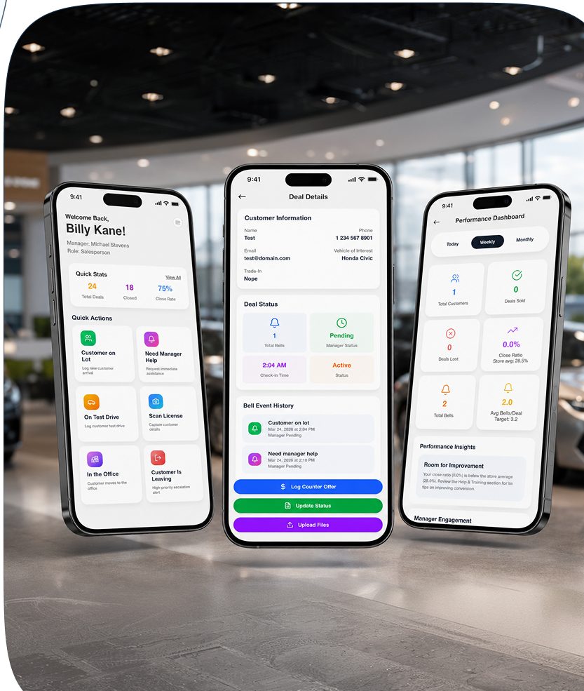 The Bell System mobile app — salesperson home, deal details, and performance dashboard